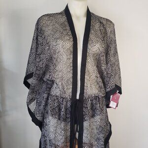 Black White Silky Sheer Wizard Sleeve Beach Bath Robe Coverup